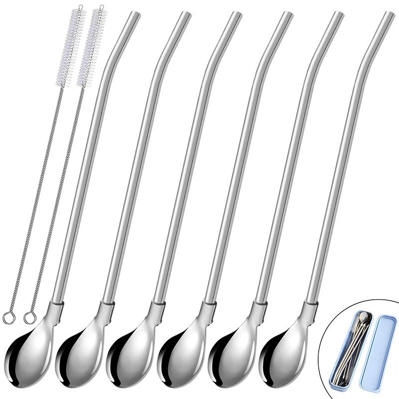 Reusable Spoon Drink Straws Value Pack 6Pcs with 2 Clean Brush - Metal Drinking Straw Spoon 7.5 Inch Long for 20Oz Tumblers