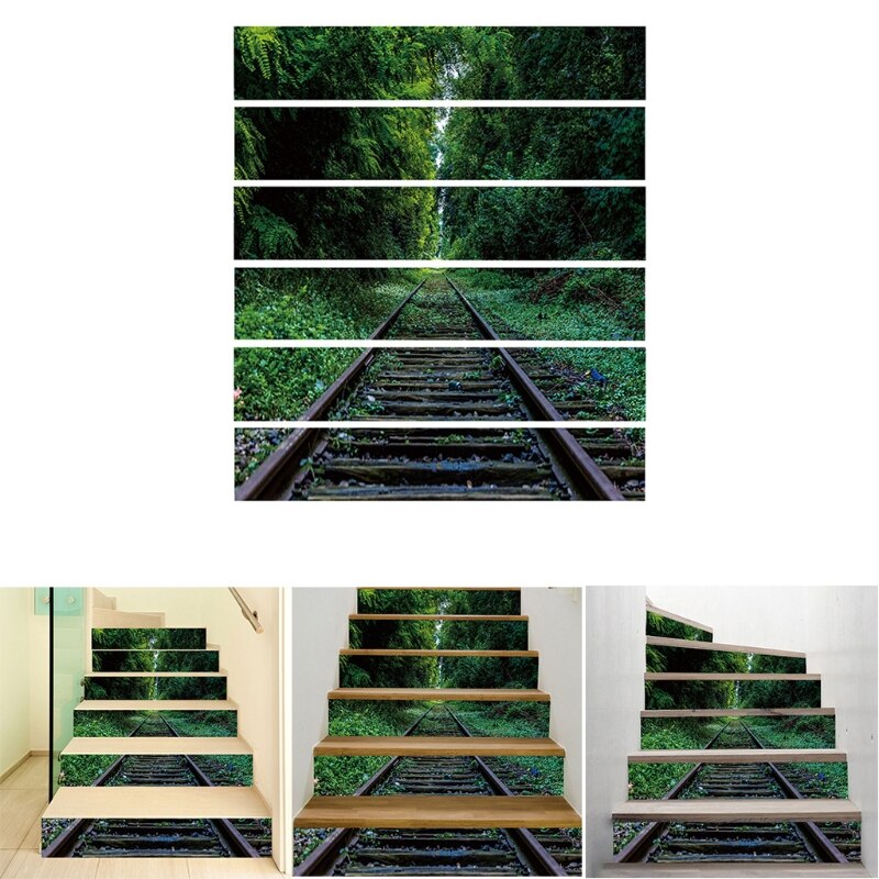 6 uds. De pegatinas para escaleras y suelo de azulejo de ferrocarril, decoración del hogar, calcomanías murales impermeables, papel tapiz artístico