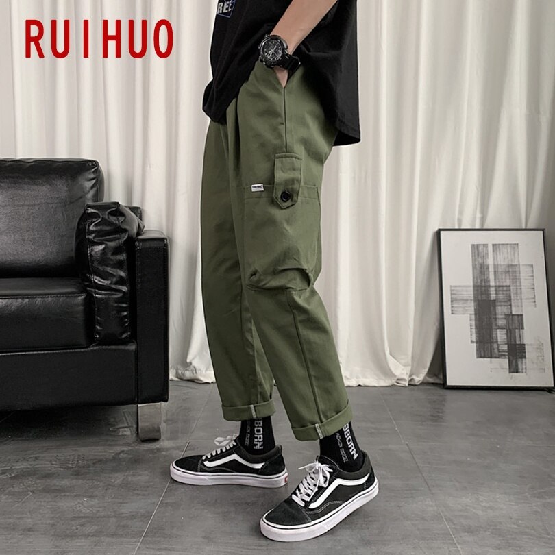 Ruihuo ankellange herrebukser streetwear cargobukser herreklær joggerbukser herrebukser harajuku bukser m -3xl høst: Xxxl / Militærgrønn