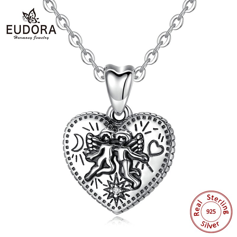 Eudora 925 Silver Love god Cupid angel Pendant Necklace Solid Silver Heart Love Necklaces Fine Jewelry for Lover wife D462