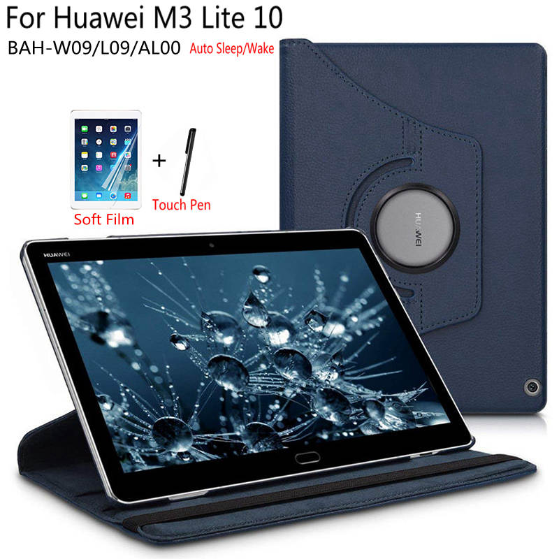 Premium Rotating PU Leather Smart Case for Huawei MediaPad M3 Lite 10 BAH-W09/L09/AL00 10.1" Tablet Funda Cover+Free Film+Pen