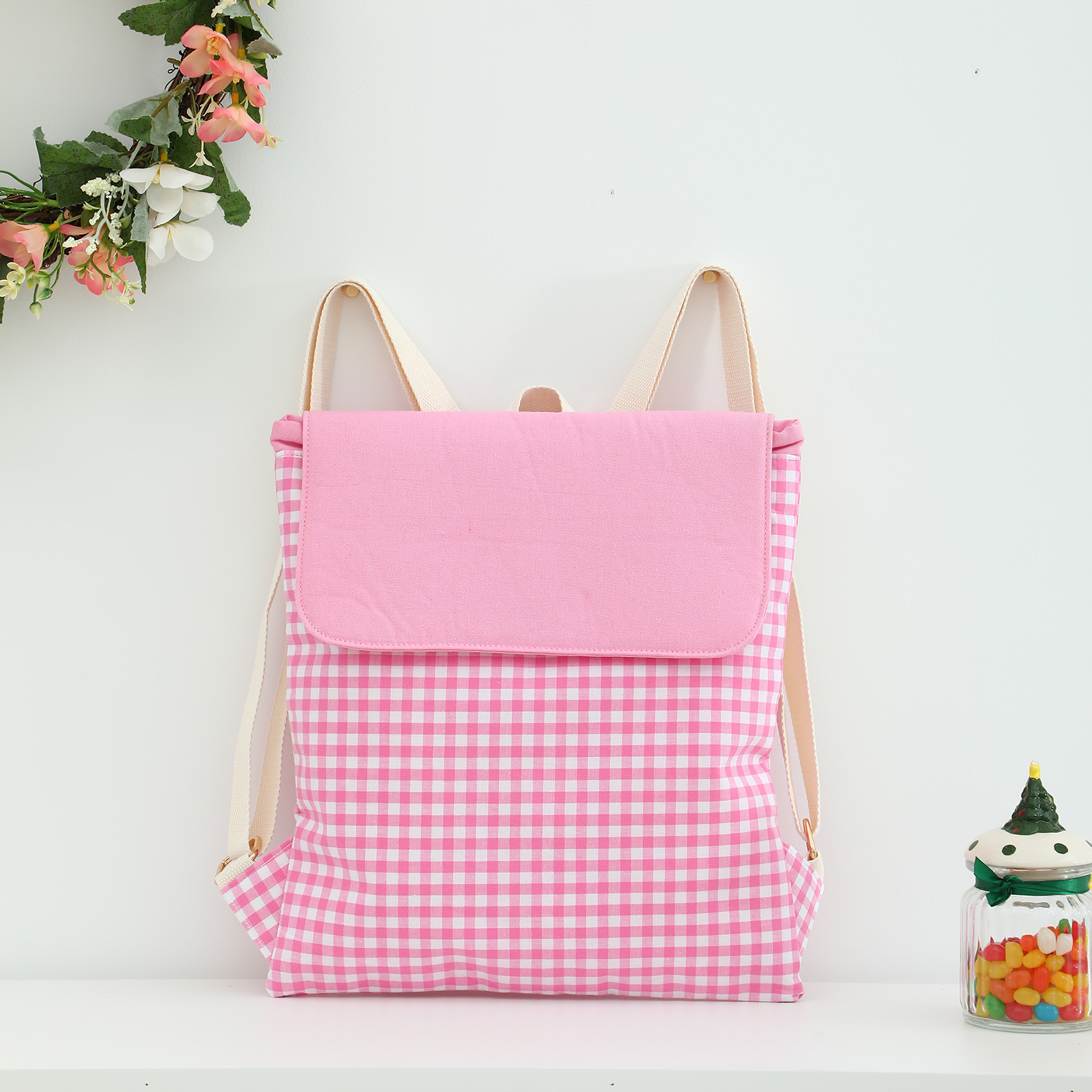 Plaid Backpack For Girls Drawstring Students Canvas Travel Schoolbag Laptop Bookbag: Pink