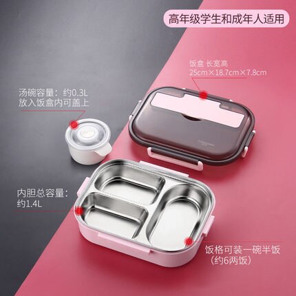 Japanese Bento Box Food Container White Bag Set Food Storage Containers Children Heated Lunch Box Stainless Steel Adults 304 Bar: 3 Lattice Pink