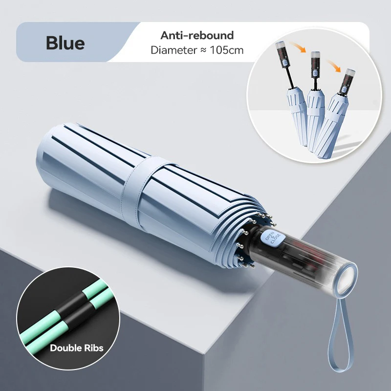 parapluie pliant automatique 2025, cadre coupe-vent 24 renforcés, mécanisme automatique Double couche, Protection UV améliorée: Bleu