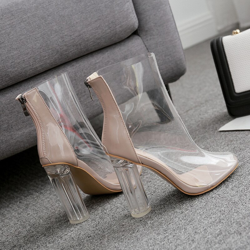 Chunky Heels Sandals Mujer Women PVC Ankle Boots Transparent Thick Heel Pointed Toe Boot Clear Shoes Plus Size Booties: 9