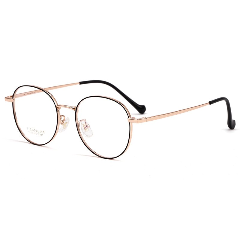 Gafas de marco completo de titanio para hombre y mujer, lentes ópticas ultraligeras y redondas, de cara ancha, para miopía, T3933: Black Rose Gold