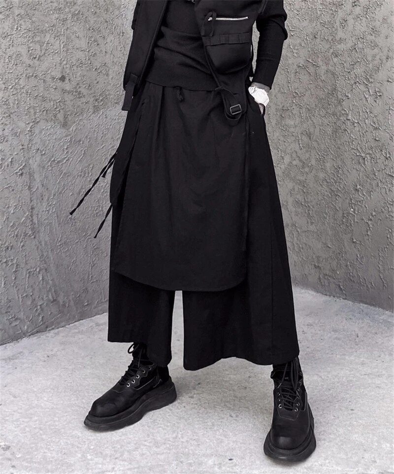 Pantalones de falda negra oscura para hombre, pantalón informal holgado de pierna ancha, de nicho, pantalones irregulares de nueve puntos: M