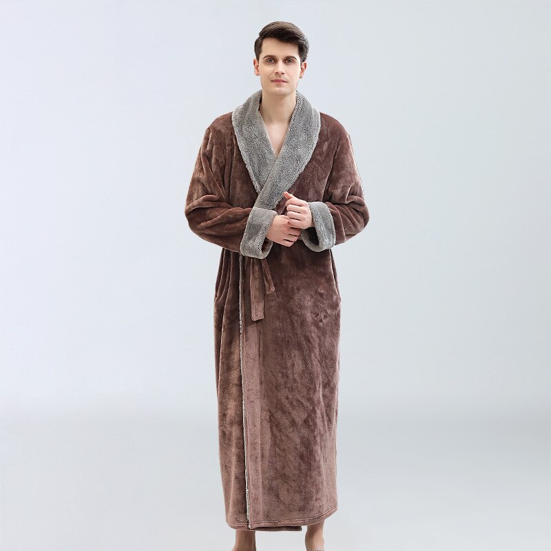 180 Herfst Winter Nachthemd Mannen Toevallige Coral Fleece Nachtkleding Warm Paar Homewear Flanel Riem Pyjama Kimono Badjas Gown: coffee / L