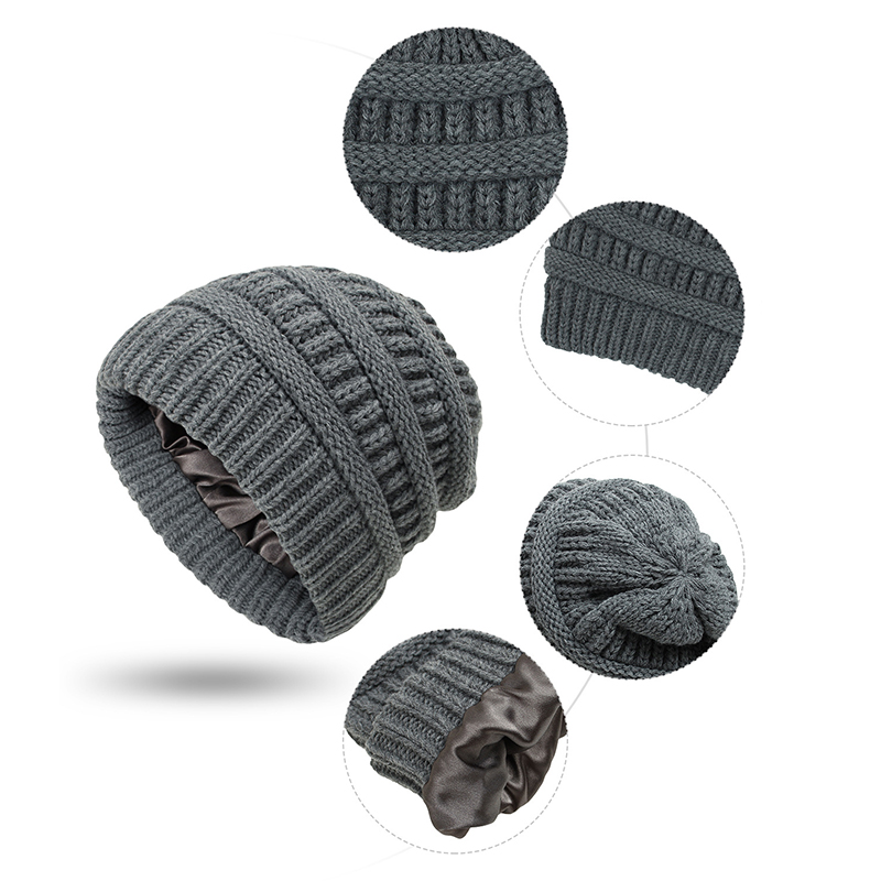 Winter Stricken Woolen Beanie Hüte für Frauen Silk Satin Gefüttert Chunky Kappe Weiche Stretch Kabel Stricken Warme Alle-spiel slouchy Sport Hut