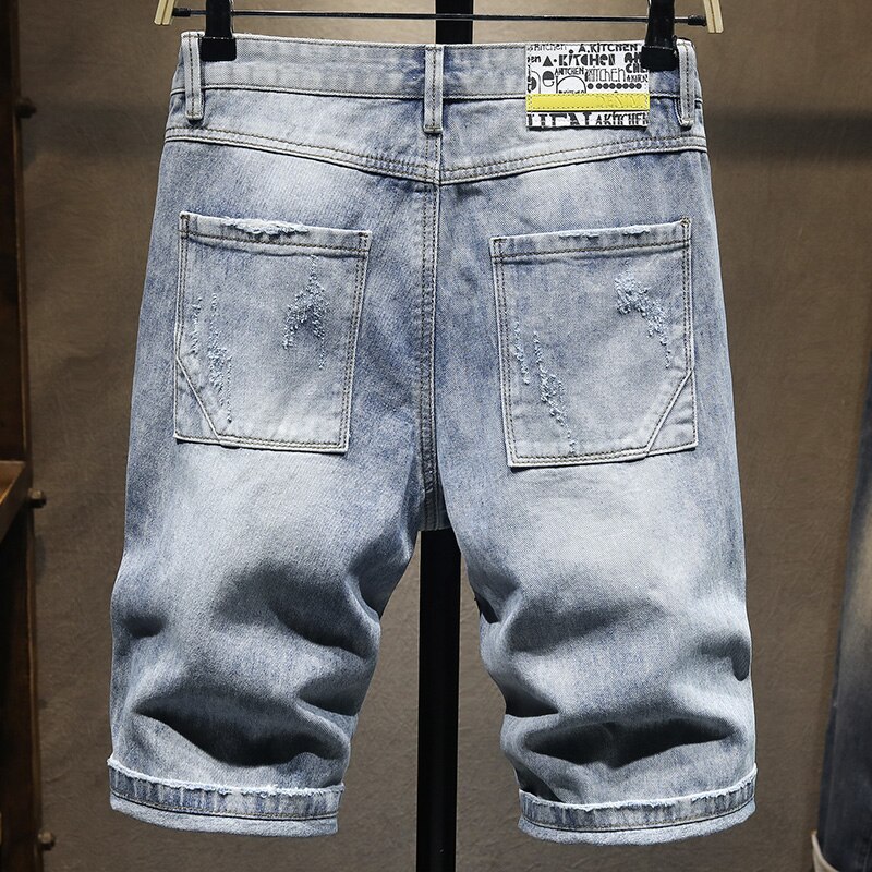 Sommer mænds slanke hul denim shorts klassisk stil trend lyseblå korte jeans mandlige mærke tøj