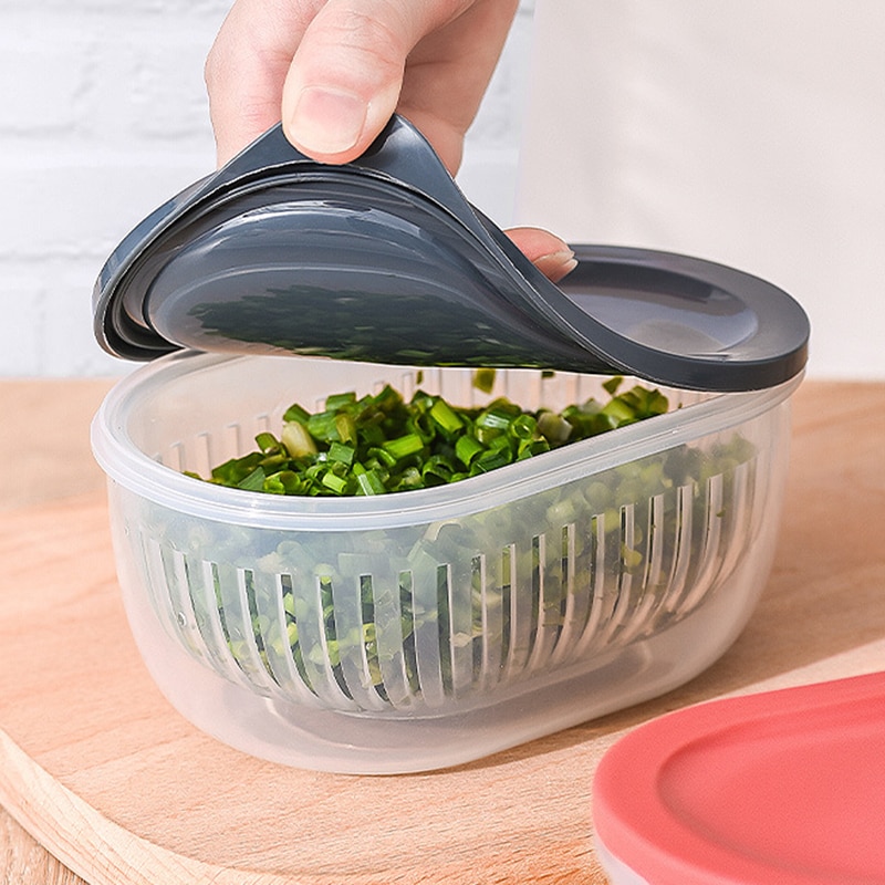 Green Onion Crisper Kitchen Ginger Garlic Storage Box Refrigerator Fruit Portable Square Freshness Preservation Drain Seal Box