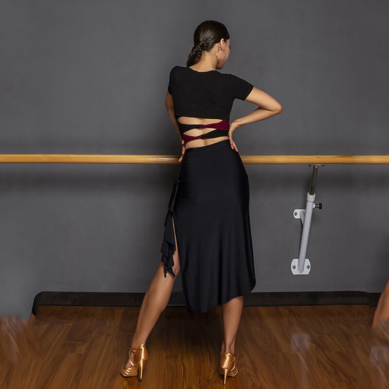 Faldas de baile latinas negras sexys, faldas largas para mujer, ropa de entrenamiento de danza, Rumba, vestidos de competición modernos de salón de baile SL2871