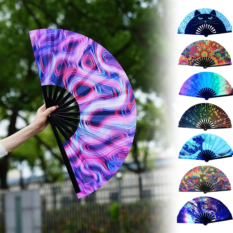 33cm stora fluorescerande vikbara handfläktar tryck musikfestival färgglad fläkt bröllopsfest spansk dansfläkt