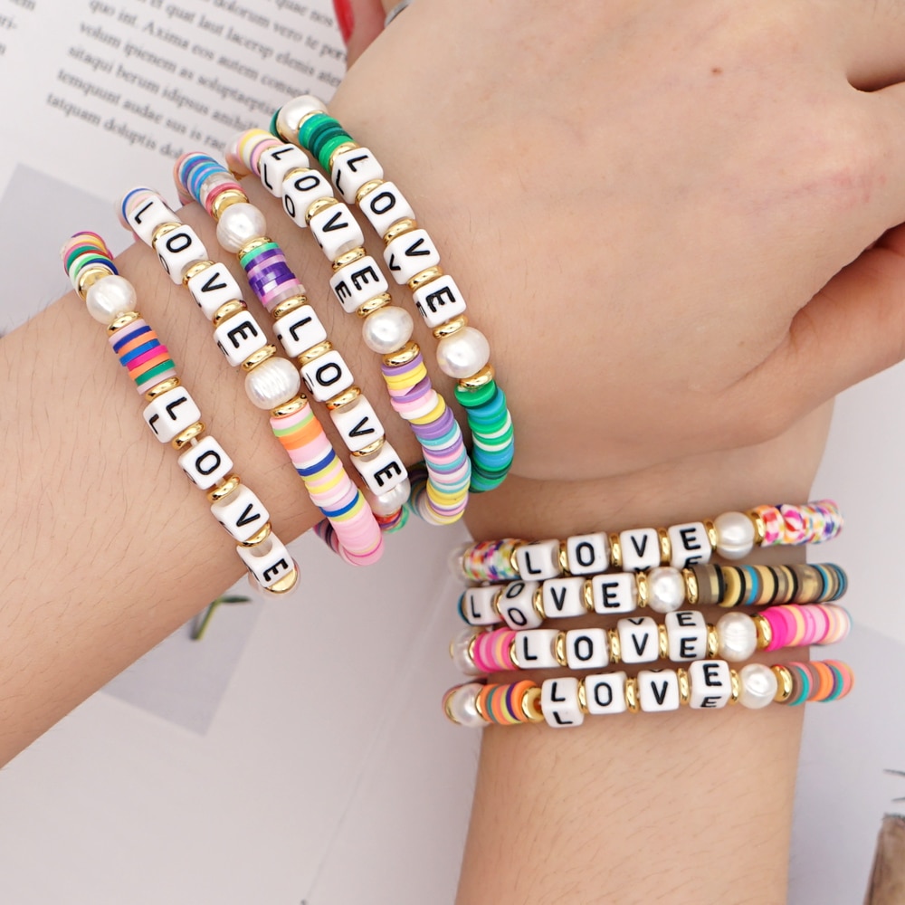 GO2BOHO Heishi arc-en-ciel macramé Bracelet femmes perle disque perles Bracelets lettre Pulsera coloré bijoux faits à la main