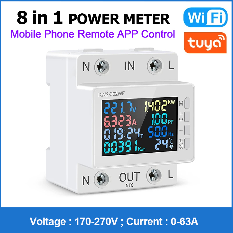Tuya wifi 8 in1 strømmåler 2p ac energimåler app-styring 170-270v/63a spændings- og strømmåler elmåler smart life