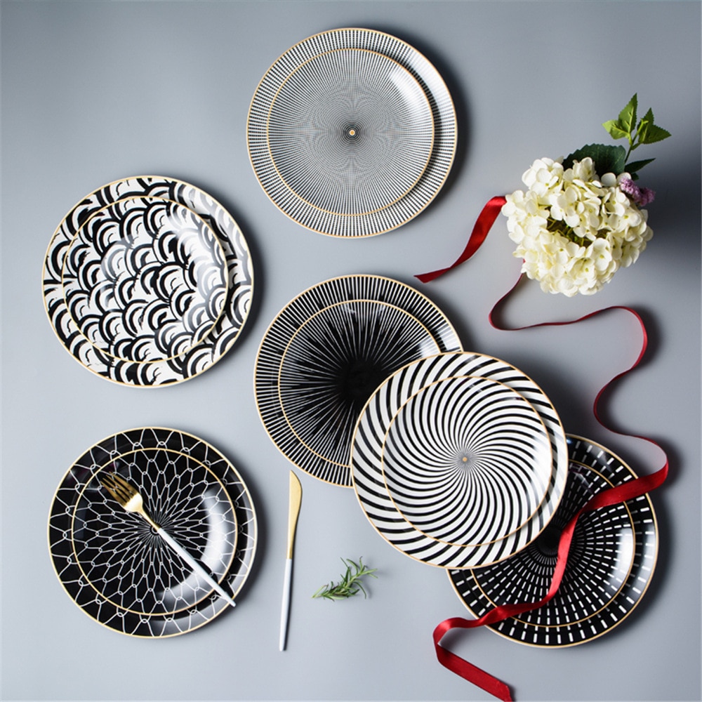 Bordservice keramisk middagstallerken sæt fad 8/10 tommer porcelæn sød dessert tallerken spisestel europæisk geometri moderne tallerken