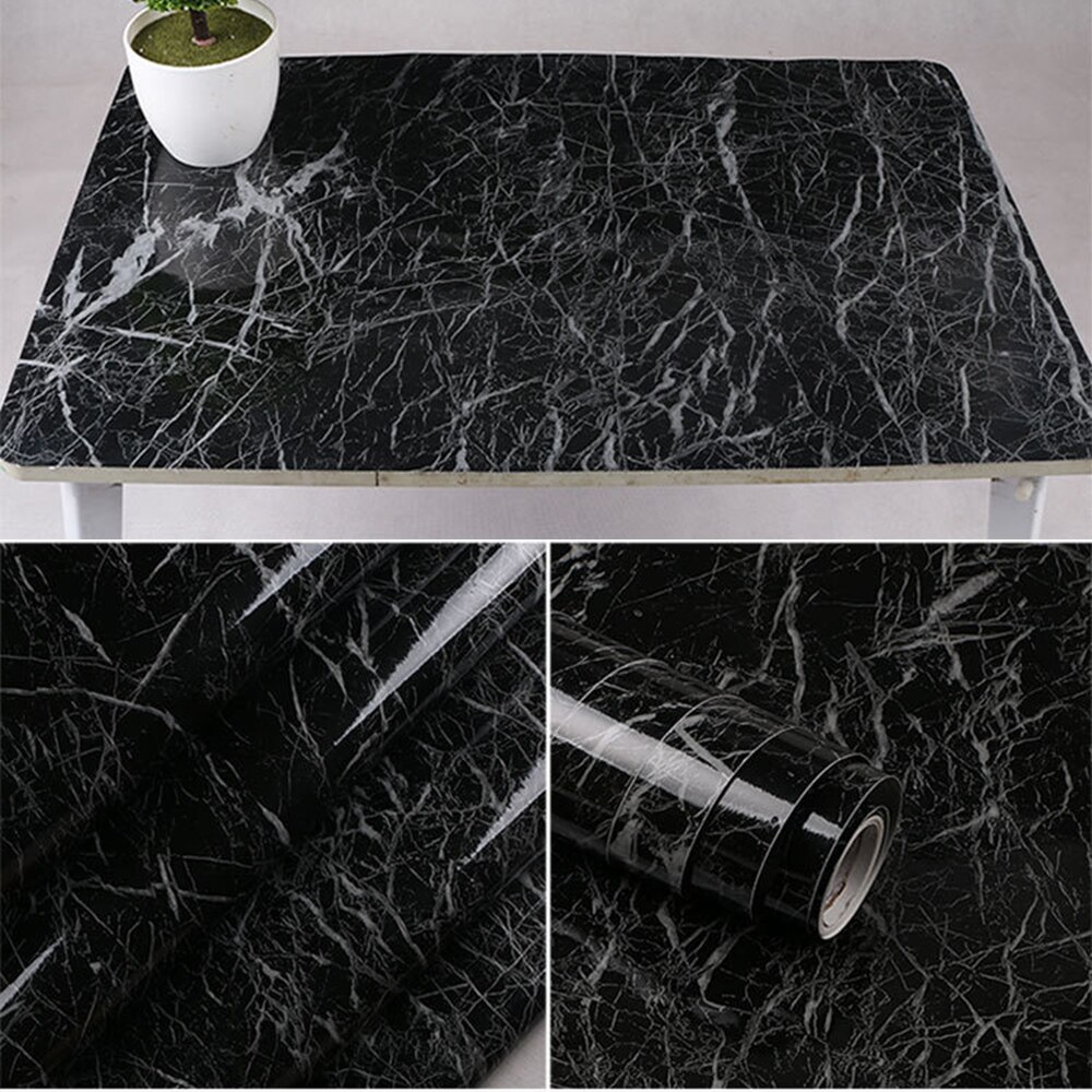 Glossy Black White Self Adhesive Marble Sticky Back Plastic Vinyl Film Kitchen