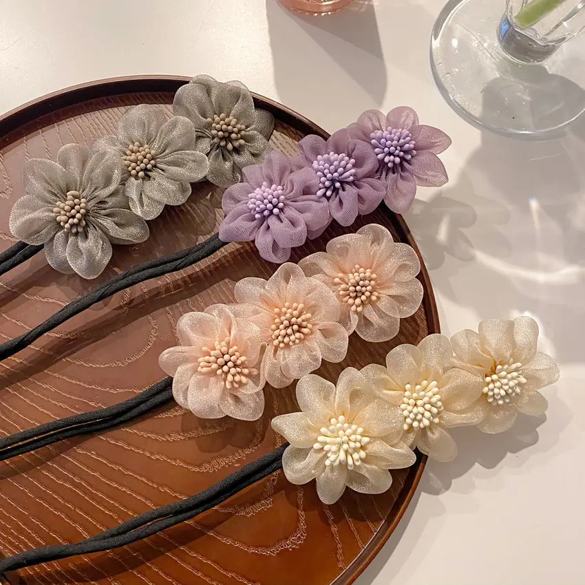 Para hacer moños de flores de gasa con brotes elegantes para mujer, herramienta larga para hacer peinado Maruko, diademas de cuerda trenzada para el cabello dulce, accesorios coreanos