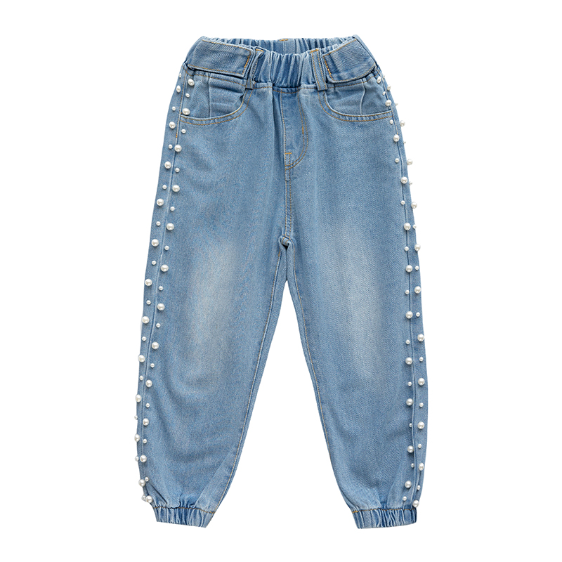 Jongens jeans lente herfst denim kinderjeans broek voor meisjes kralen zijkant broek kinderen rechte broek 2 4 5 6 7 8 jaar