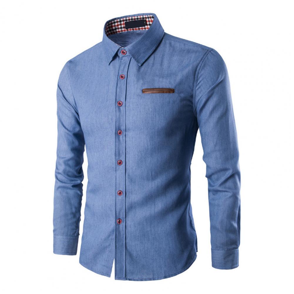Men Solid Color Long Sleeve Jeans Shirts Breathable Casual Denim Top for Work