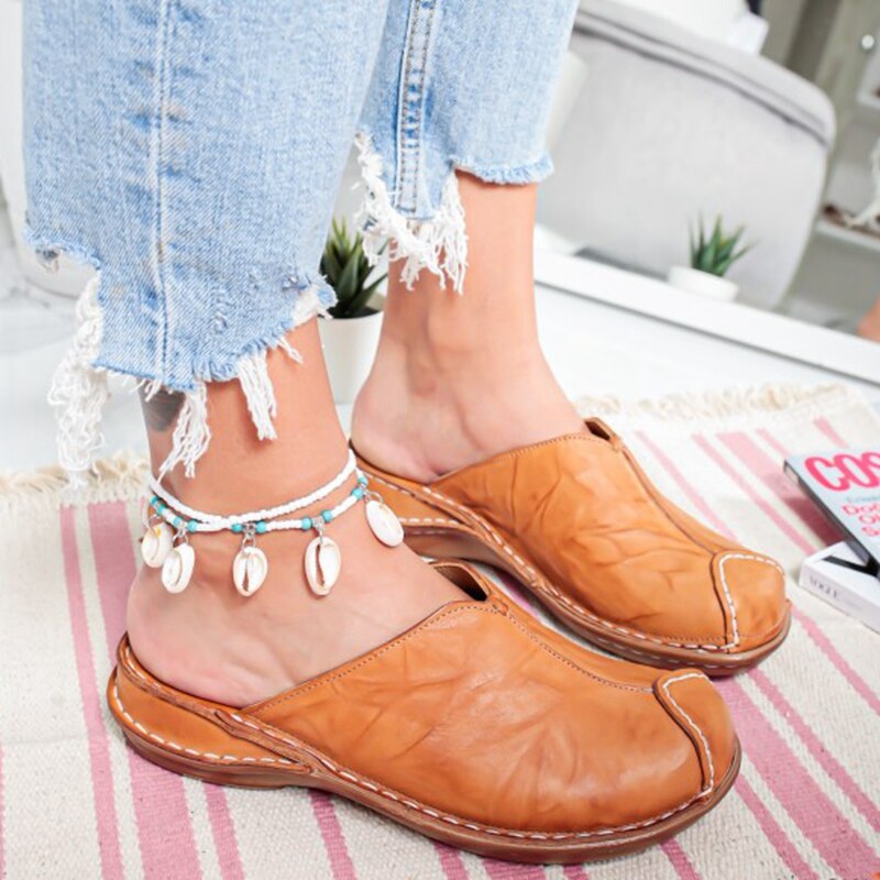 Dames muiltjes platte sandalen sandaal vrouwelijke lage hak slippers zomer slippers vrouwen ronde neus riet geweven strandschoenen: Geel / 6