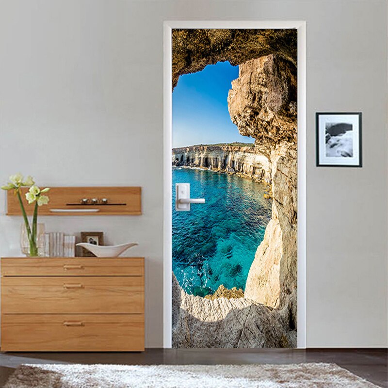 PVC Deur Plakken 3D Stereo Cave Zeegezicht Landschap Deur Sticker Woonkamer Slaapkamer Home Decor Muursticker Moderne DIY Muur papers