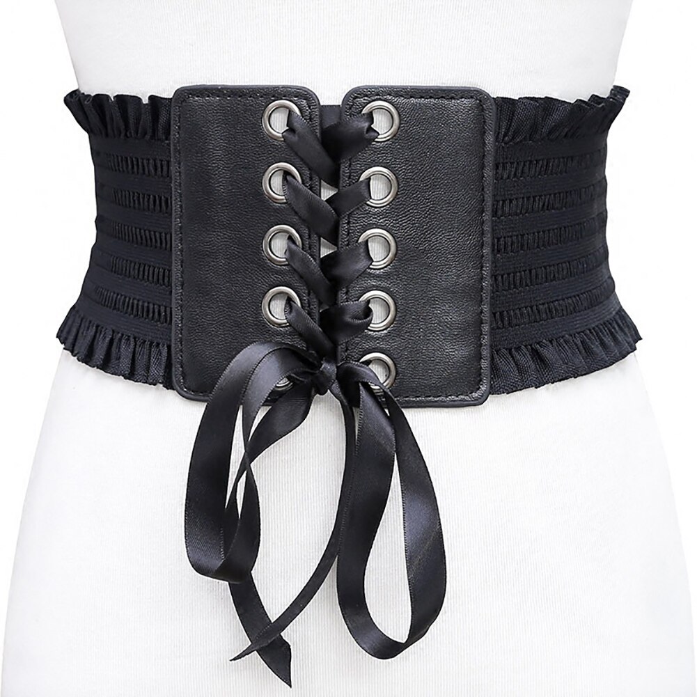 Girls Strap High Waist Adjustable Bowknot Elastic Tie Bands Lace Up Wide Girdle Tassel Corset Women Belt: Black