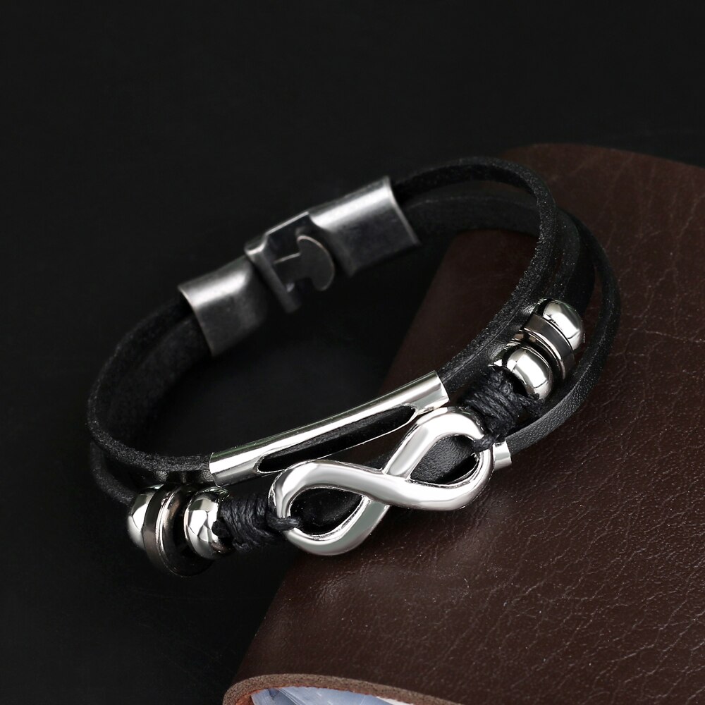 Jewelry Alloy Bead Infinity Symbol Leather Bracelet Charm Multilayer Woven Punk Bracelet for Men Pulsera Hombre