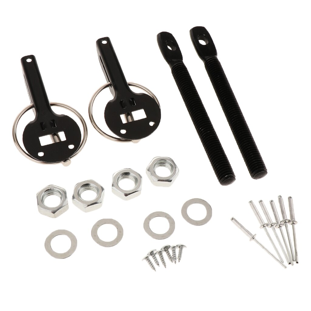 Universal Aluminum Car Bonnet Hood Pin Pins Key Lock Latch Catch Locking Fasten Kit Set (Black)