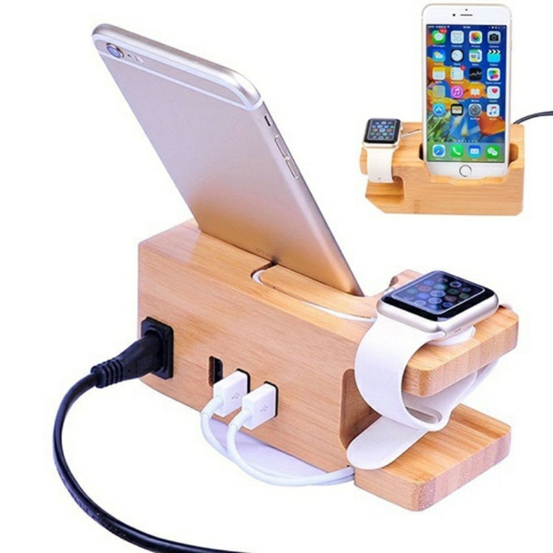 3-Hafen Usb Ladegerät Für Apfel Uhr & Telefon Organizer Stehen, Wiege Halfter, 15W 3A Schreibtisch Bambus Holz Ladestation Für Iwatc