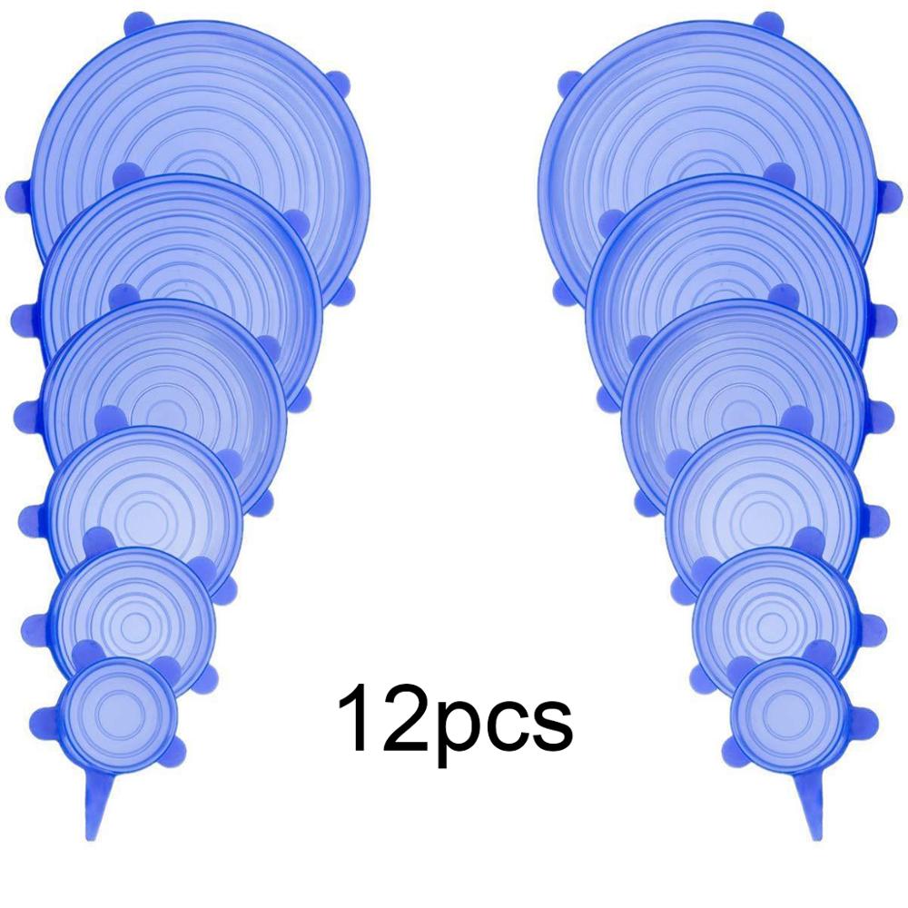 Set de tapas de silicona para mantenimiento fresco, tapas elásticas de silicona para comida, platos y accesorios de cocina, 3, 6, 12 unidades: 12pcs-blue