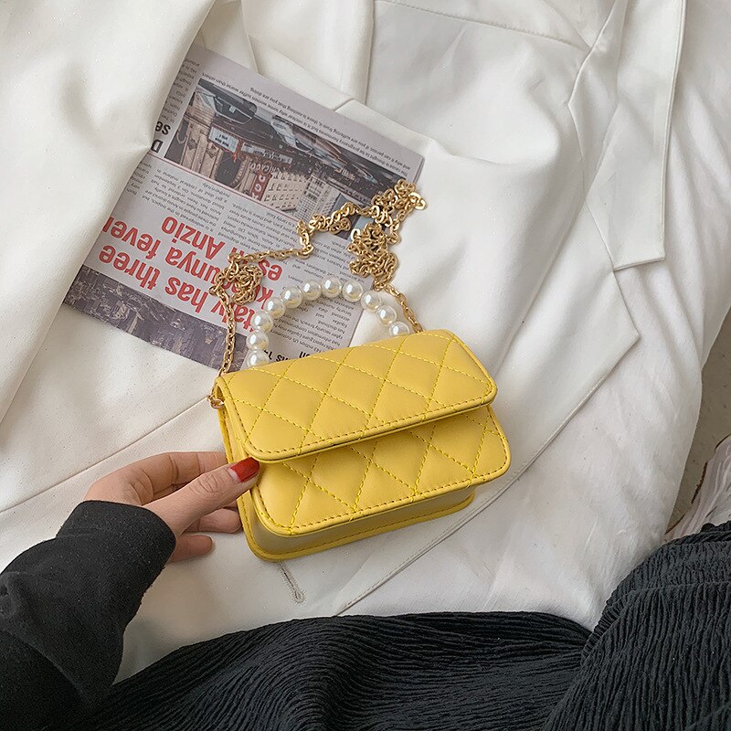 Lingge torba damska 2021 letnia nowa moda jedna torba na ramię kurierska łańcuszek z pereł przenośna mała torba kwadratowa torba na łańcuszku okrągła torba: Small Yellow