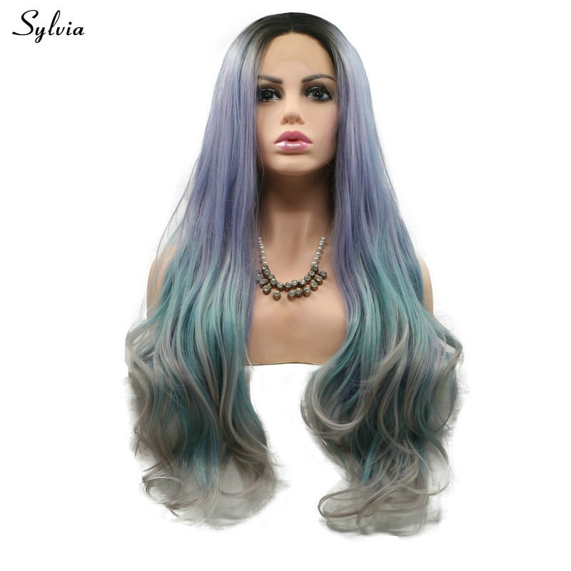 Sylvia Mermaid Kleur Pruik Lange Pastel Paars/Blauw/Grijs Ombre Synthetische Lace Front Pruik voor Vrouwen Lange Warmte vriendelijke Drag Queen Pruik: multi color / 26 inches
