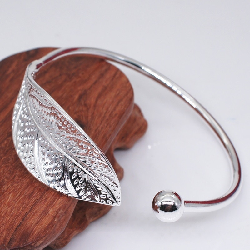 OMHXZJ Europese Mode Vrouw Meisje Party Wedding Leaf Open 925 Sterling Zilveren Manchet Bangle BA14