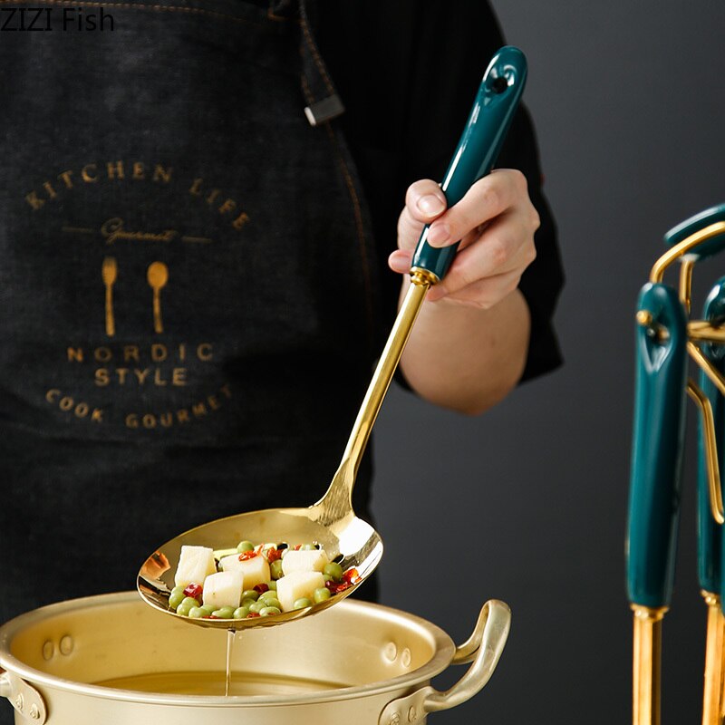 Nordic luxe roestvrijstalen lange spatel, schep, keukengereedschapset, antiaanbaklaag, handwok, schep, keramische handgreep, kookgerei