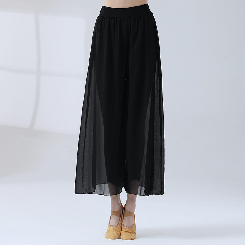 Culottes in chiffon da danza classica per donna Pantaloni a gamba larga a 2 strati Danza moderna Pratica fluida allentata costume di danza popolare cinese: nero