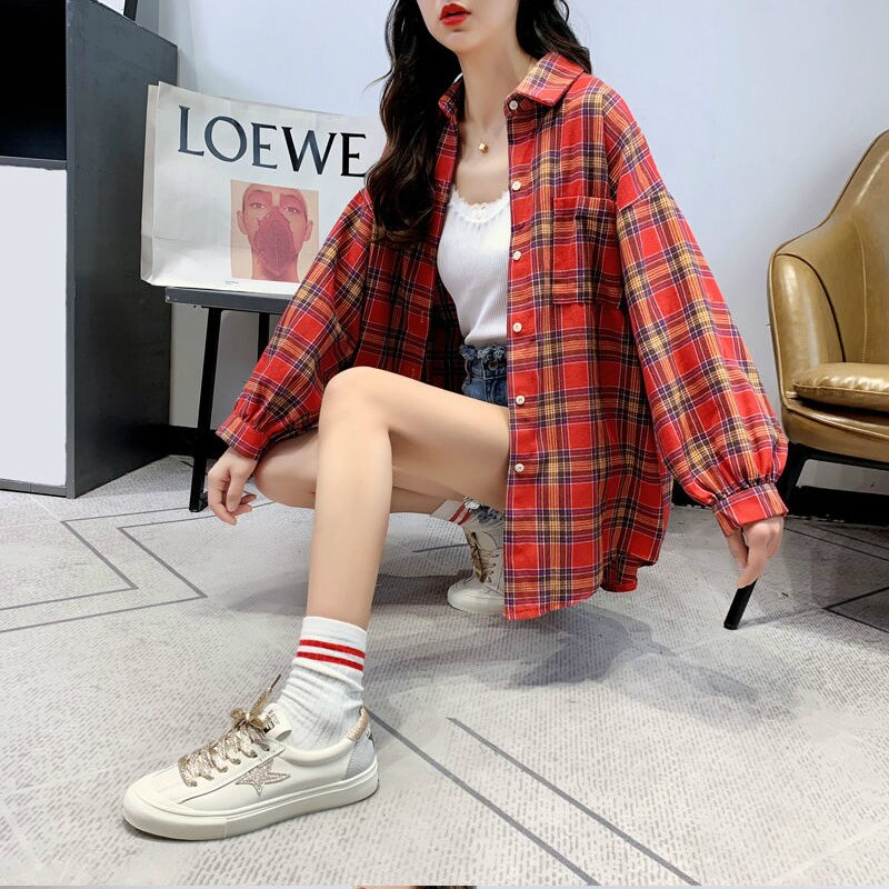Shirts Women Solid Plaid Chic Outwear Loose Popular Chic Womens Korean Style Sweet All-match Young