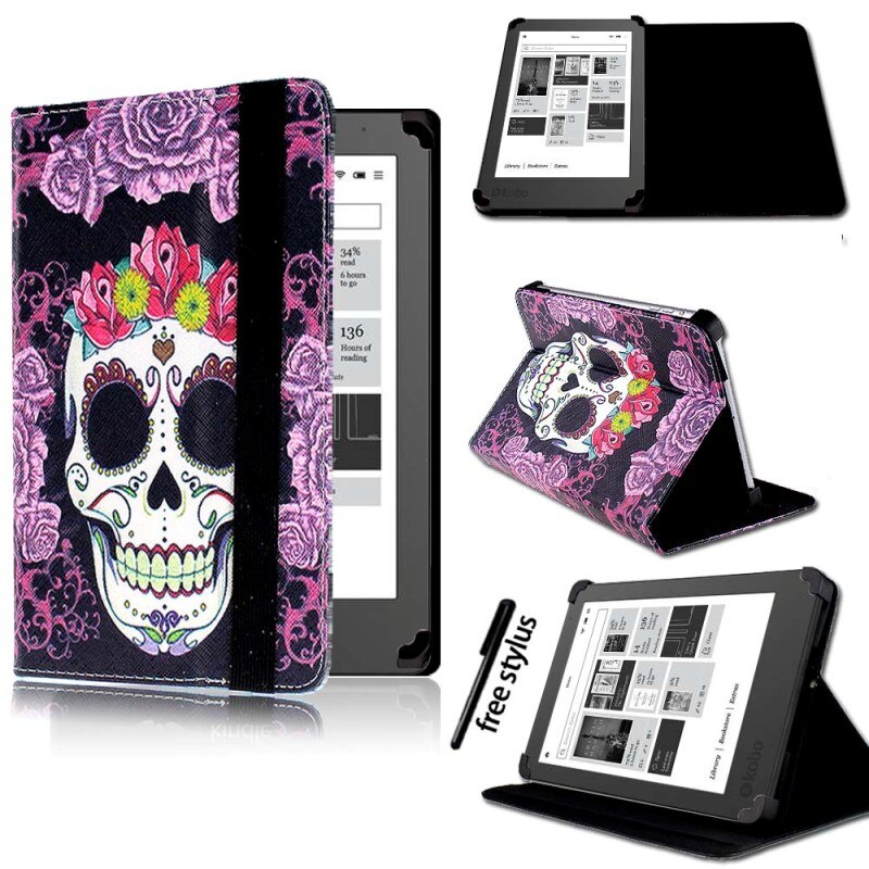 KK&LL para Kobo Glo HD, Kobo Touch 6 "/Touch 2,0 ) Kindle Tablet-cuero Tablet Folio funda inteligente + Stylus: Purple Skull