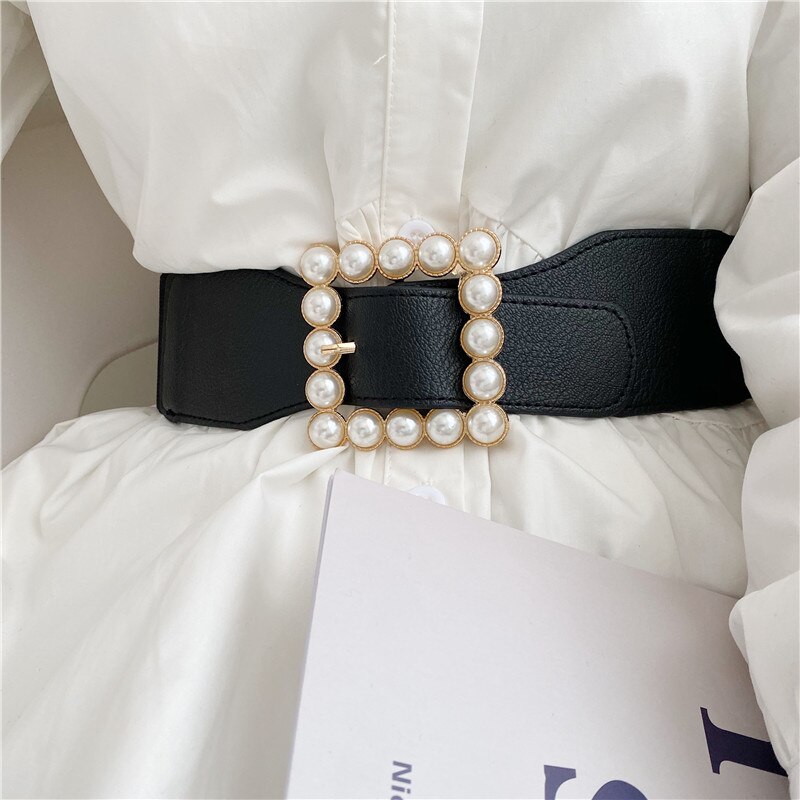 Mode Broeksbanden Voor Vrouwen Solid Stretch Brede Cumberbanden Trouwjurk Versiering Lady Pearl Gold Pin Gesp Riemen Jurk