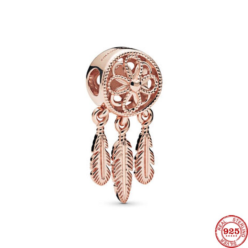 Original Rose Gold Dreamcatcher Dangle Bead Charm Fit European Charms Bracelet Bangles Diy Jewelry P024-R