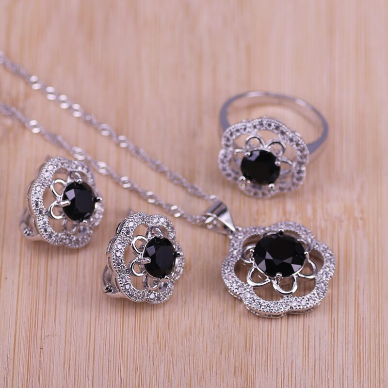 Brud silverfärgade smycken set blå zirconia sten örhängen för kvinnor bröllop smycken med ring hänge halsband set: Svart / 6