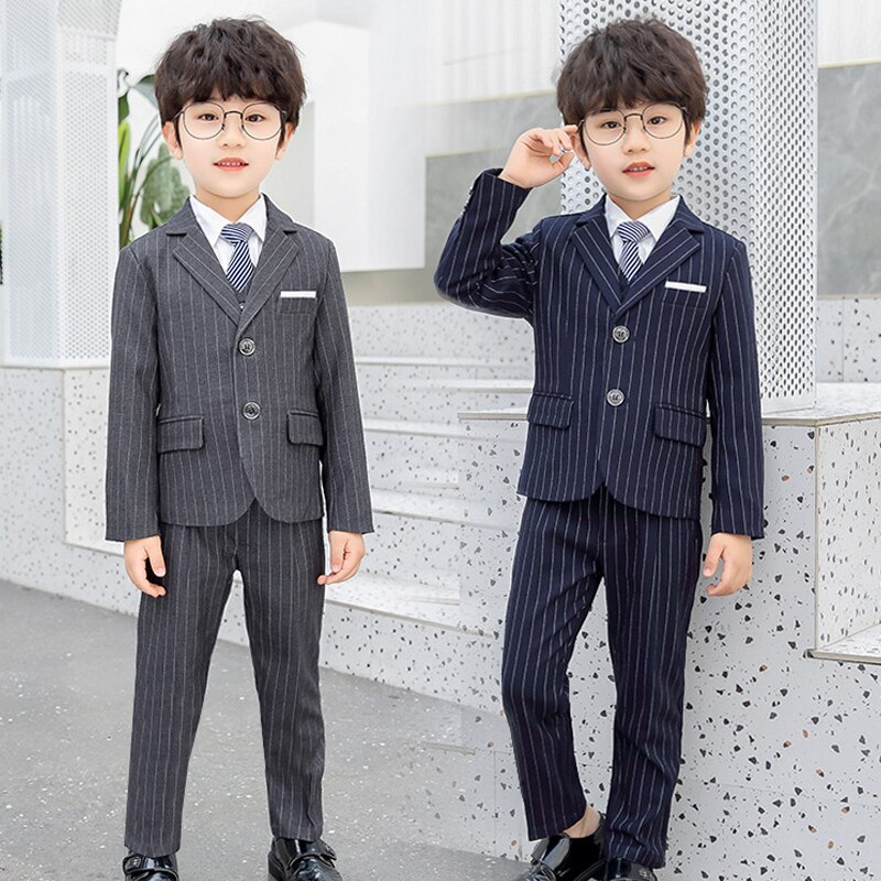 Children Formal Suits Flower Boys Wedding Party Performance Host Costume School Kids Striped Blazer Vest Pants 3pcs Outfits