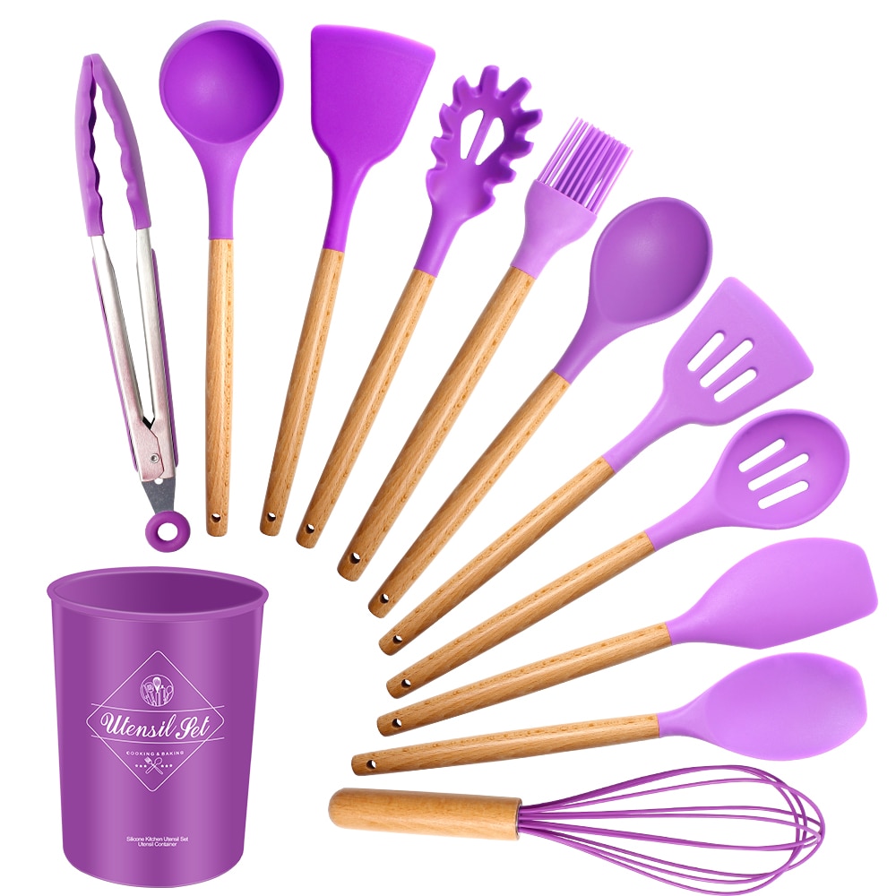 12PCS Silicone Turner Set Wooden Handle Non-stick Cooking Spatula Shovel Kit Kitchen Utensil with Bucket Baking Tools Cookware