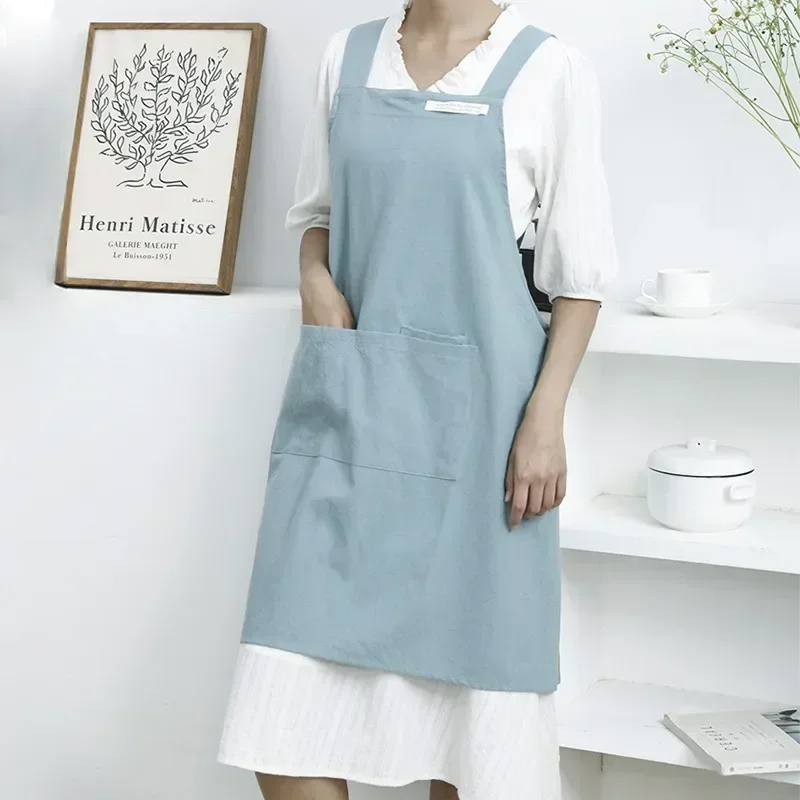 dame japansk og koreansk enkelt forkle denimforkle bomull og lin ensfarget bluse kjøkken blomsterhandler kaffebar forkle: Gul