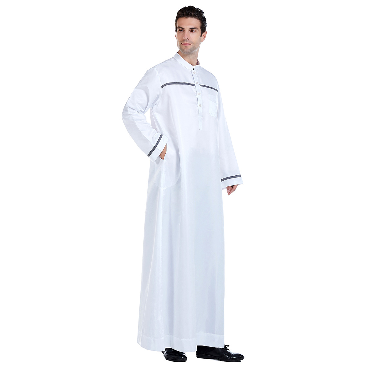 Ramadan thobe para homem muçulmano gola manga longa roupa arábia saudita islâmica poliéster robe maxi-muslim huui dubai abaya: S / Bege