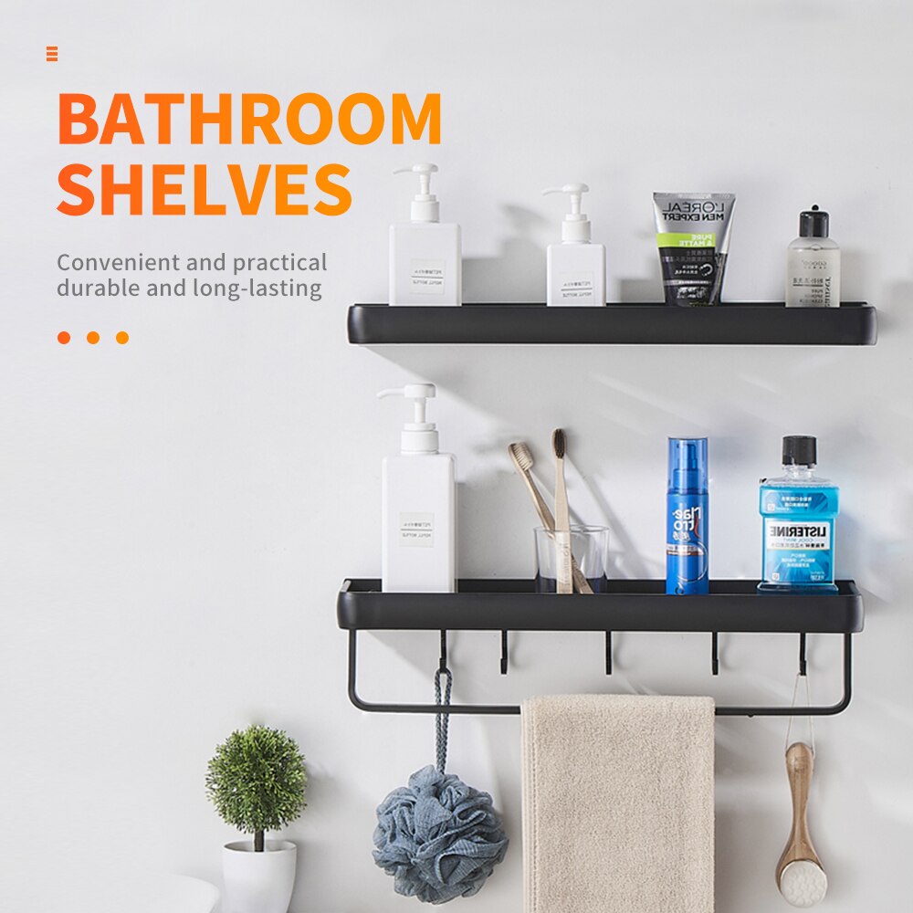 Badkamer Zwart Metalen Lange Muur Haak Planken Douche Rack Diy Coat Handdoek Plank Unit Ideeën Kleine Plank Organisator Opslag Planken