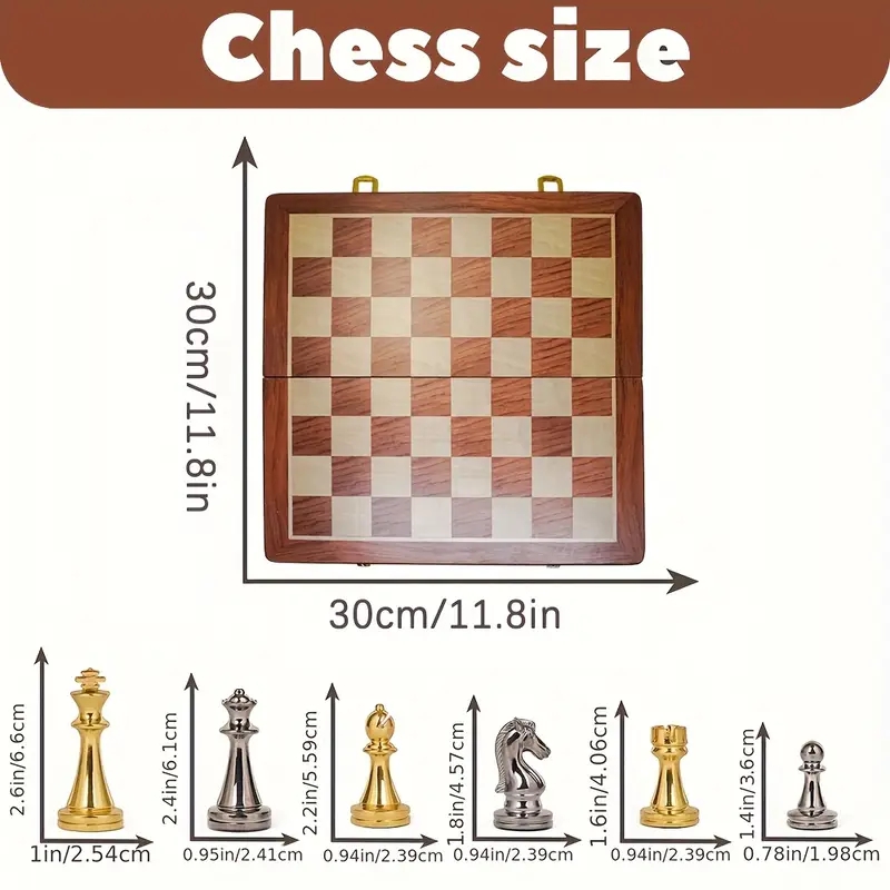 Set di scacchi in legno deluxe da 30 cm/11,8 pollici, pieghevole e portatile, con pezzi in lega di zinco, ideale per vari regali natalizi.