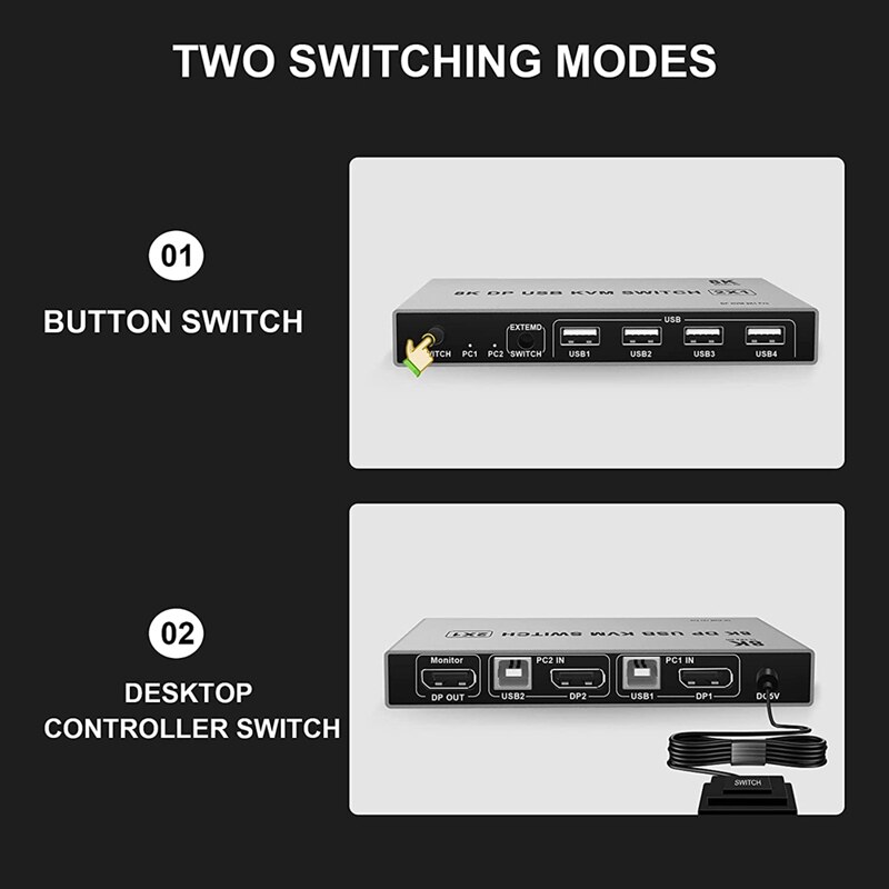 DisplayPort – commutateur KVM 2 ports 8K 60Hz USB et commutateur DP pour 2 ordinateurs, partage clavier souris imprimante moniteur pour ordinateur portable