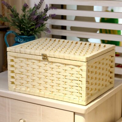 Rustieke Geweven Mand Papier Opbergdoos Met Deksel Handgemaakte Home Organisatie En Opslag Gebreide Desktop Rieten Manden: milk white / 36x25x17cm