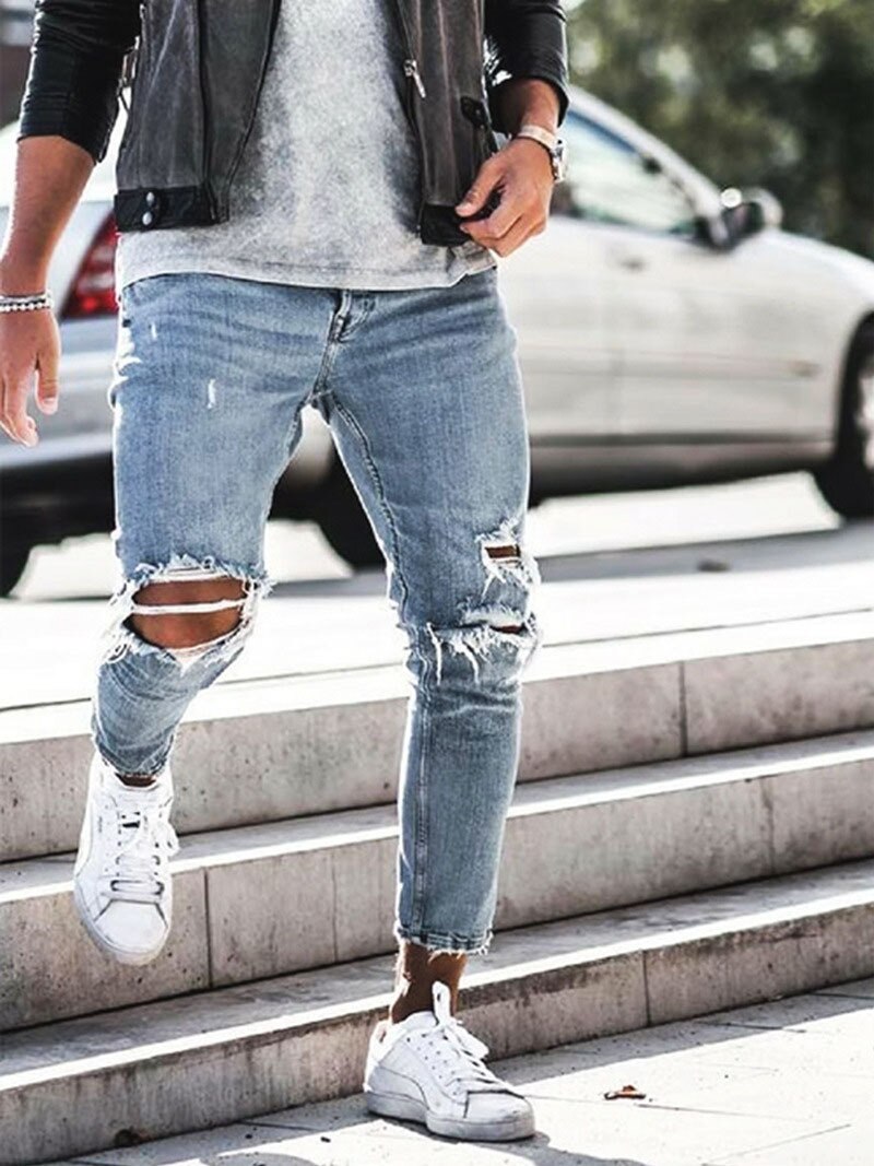 Los hombres de está roto con flecos bajo ajustado Stretch pantalones rasgados vaqueros Pantalon Homme bajo ajustado pantalones Herenkleding